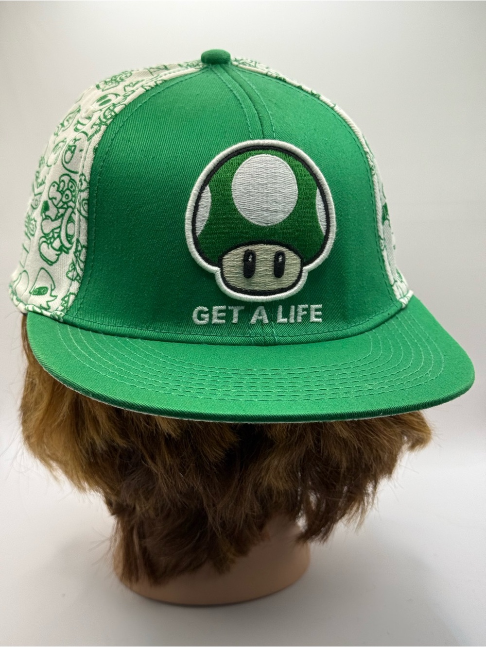 Nintendo get a life Green Mushroom Snapback Hat with White Panel Graphics